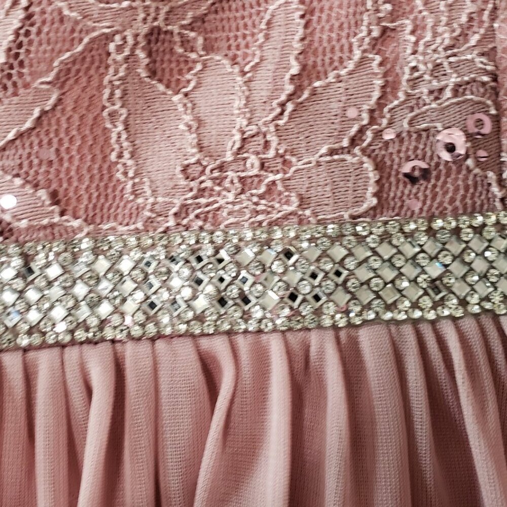 Celavie Long Bodice Lace & Chiffon Gown With SequinWith Rhinestone Mauve Large - Picture 6 of 16